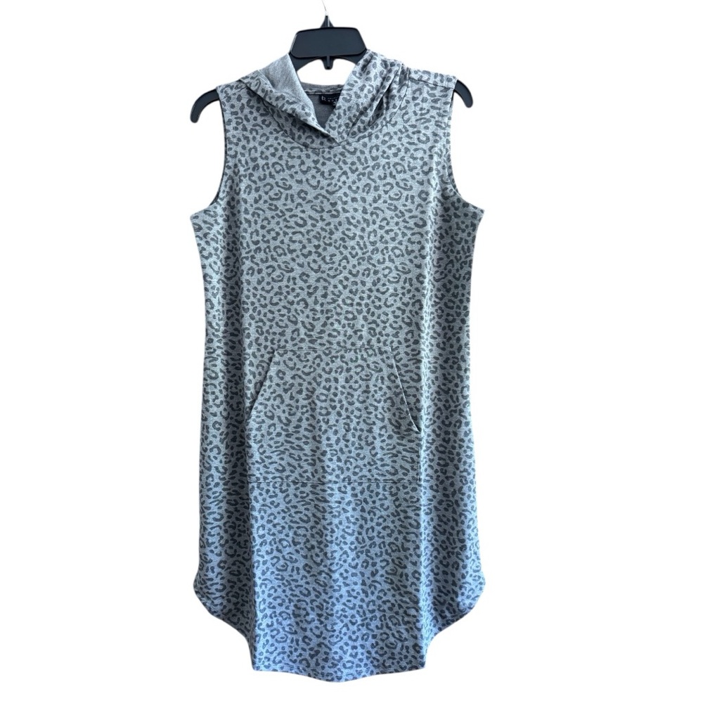 Bobeau Gray Leopard Print Sleeveless Hoodie Dress